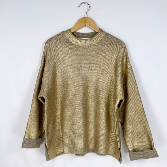 Zara Women's Cracked Metallic Boxy Knit Sweater Small Golden - Picture 2 of 12